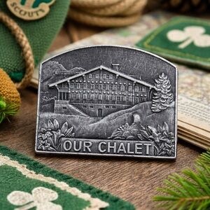 Vintage HUGUENIN Girl Scouts “Our Chalet” Metal Pin –Switzerland World Centre